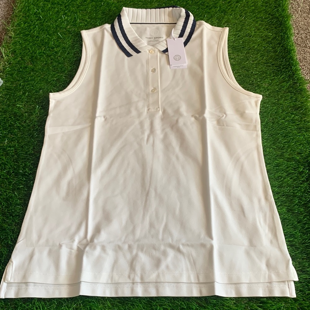 Tory Burch Womens Pleated Collar Golf Polo Sleeveless Snow White Large NWT $108